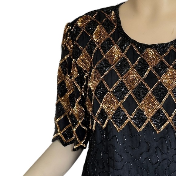 Vintage Diamond Gold and Black Sequin Silk Top - Picture 5 of 8